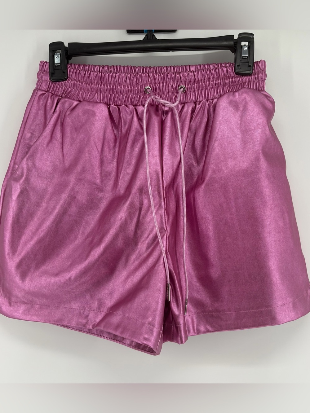 Strut & Bolt High-Waist Shiny Pink Metallic Women's Shorts Drawstring Pockets